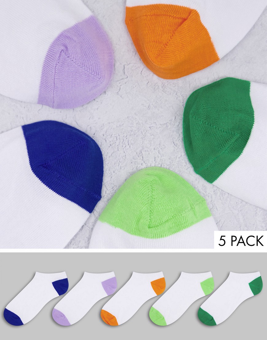 ASOS DESIGN 5 pack white sneaker socks with contrast color block