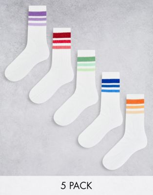 ASOS DESIGN 5 pack white sport socks with triple stripe