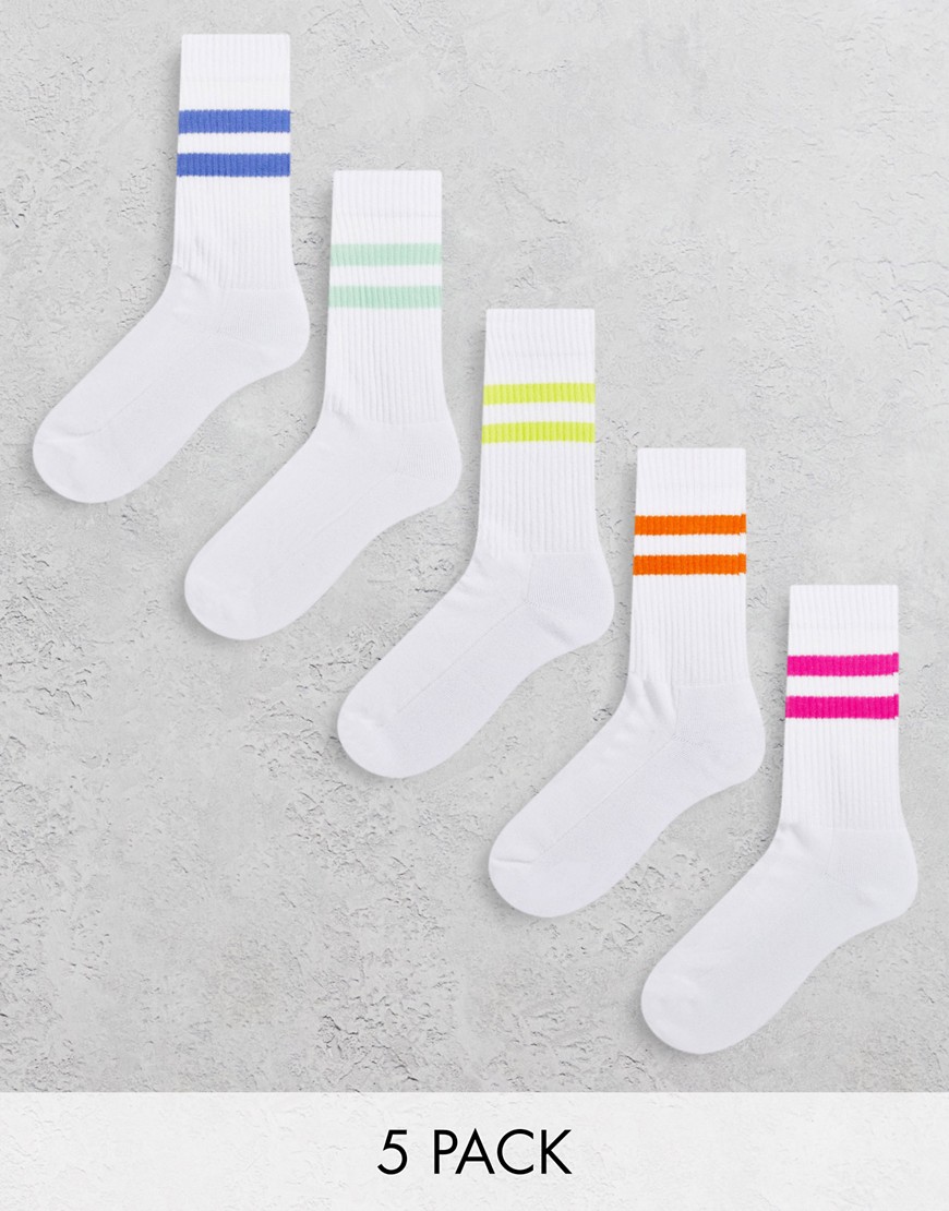 ASOS DESIGN 5 pack white sports socks with bright stripes