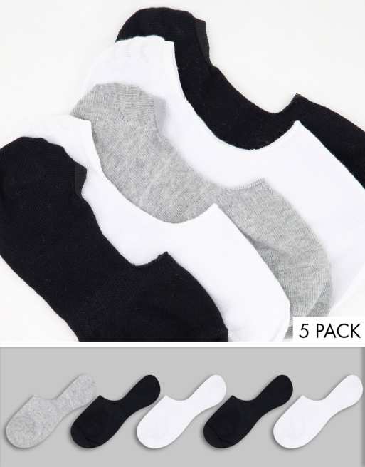ASOS DESIGN - 5-pak usynlige sokker med greb bånd i sort og hvid og grå