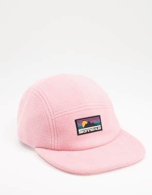 Maryanne Jones staking januari ASOS DESIGN 5 panel cap in pink fleece with branding | ASOS