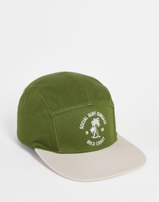 ASOS DESIGN 5 panel cap with text in green and ecru
