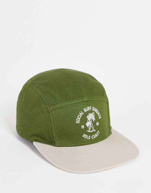 ASOS DESIGN 5 panel cap with text in green and ecru | ASOS