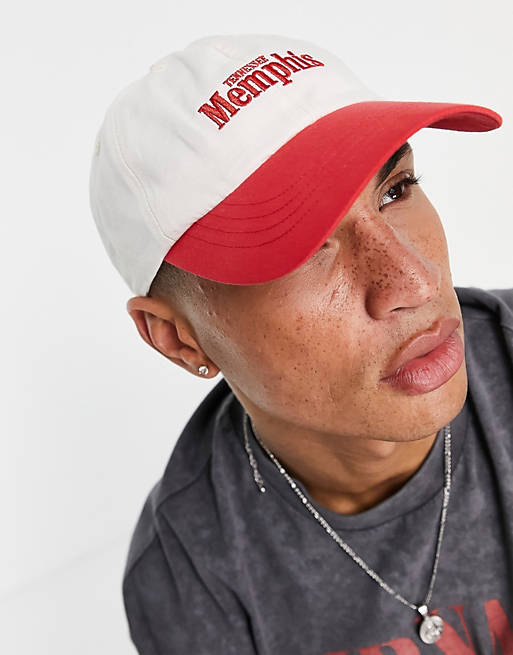 ASOS DESIGN 5 panel cap with text in red