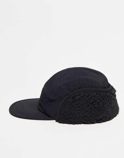 ASOS DESIGN 5 panel ear flap cap with borg lining in black