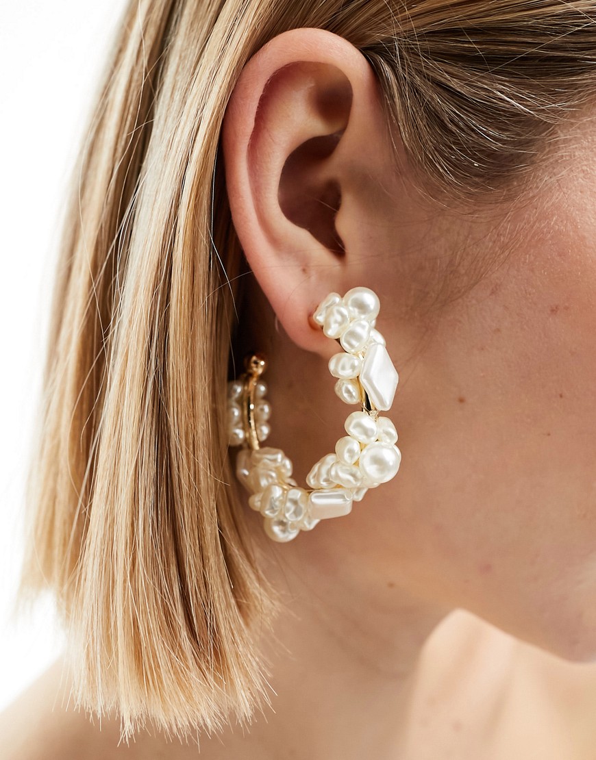 ASOS DESIGN 50mm hoop earrings with faux natural pearl design in gold tone