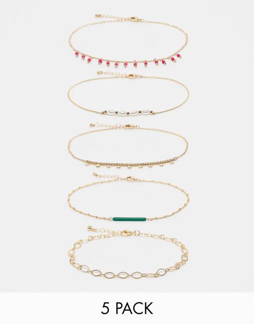 ASOS DESIGN – 5er-Pack Fußkettchen mit rosa und grünem Perlendesign