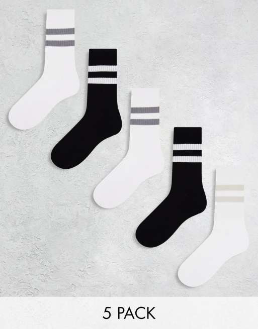 ASOS DESIGN – 5er-Pack gestreifte Sport-Socken in Schwarz und Weiß