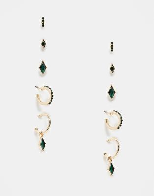 ASOS DESIGN - 5er-Pack goldfarbene Ohrstecker mit grünem Emaille-Effekt