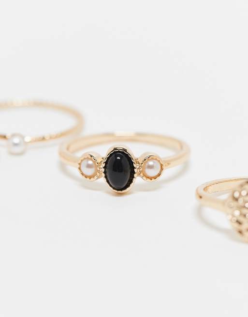 ASOS DESIGN – 5er-Pack goldfarbene Ringe mit schwarzem Stein und Kunstperlen-Design, 3 von 3