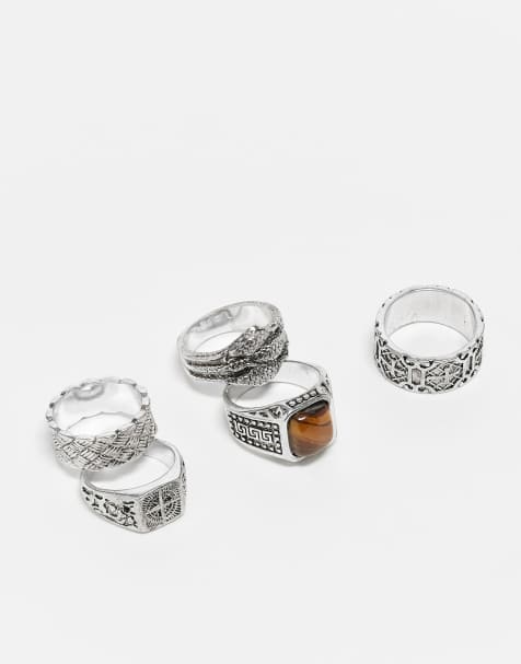 ASOS DESIGN – 5er-Pack Ringe in polierter Silberoptik mit Krallen- und Kompass-Design - view 1