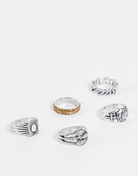 ASOS DESIGN – 5er-Pack Ringe in Silber poliert mit Prägung und strukturiertem Design - view 1