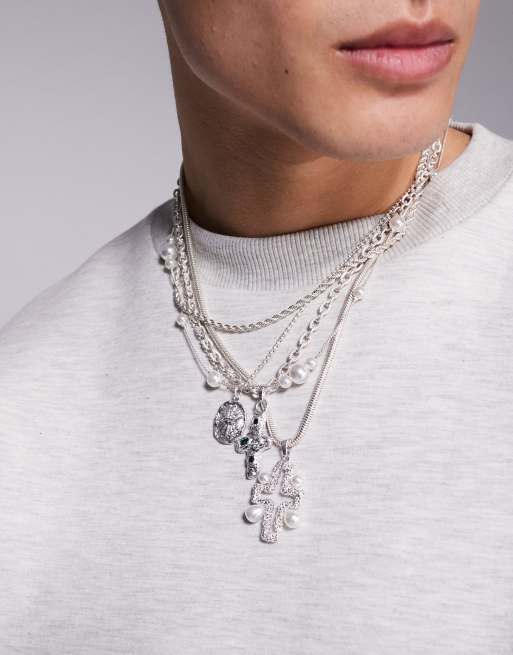 ASOS DESIGN – 5er-Pack silberfarbene Halsketten mit geschmolzenem Kreuz- und Kunstperlenanhänger