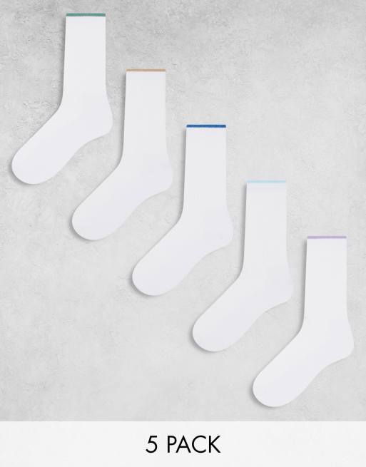 ASOS DESIGN – 5er-Pack Socken mit kontrastierendem Bund in Weiß
