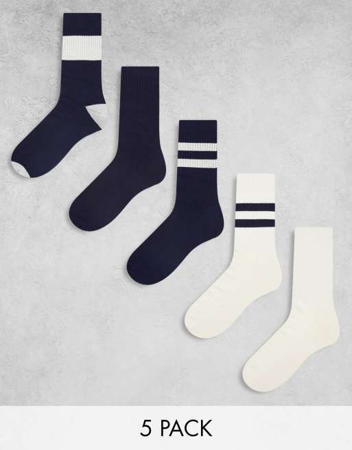 ASOS DESIGN – 5er-Pack Sportsocken in Marineblau und Ecru mit Streifen
