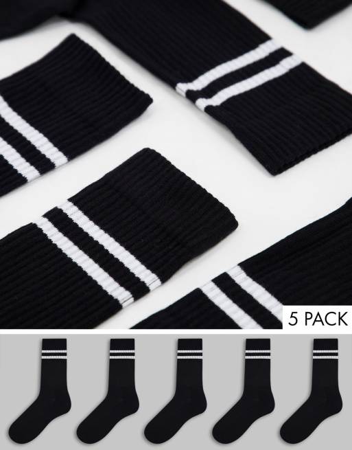 ASOS DESIGN – 5er-Pack Sportsocken in Schwarz mit Streifen in Weiß