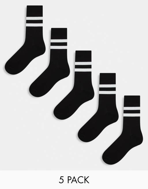 ASOS DESIGN – 5er-Pack Sportsocken in Schwarz mit Streifen in Weiß