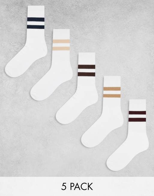 ASOS DESIGN – 5er-Pack Sportsocken in Weiß mit Streifen in unterschiedlichen Farben