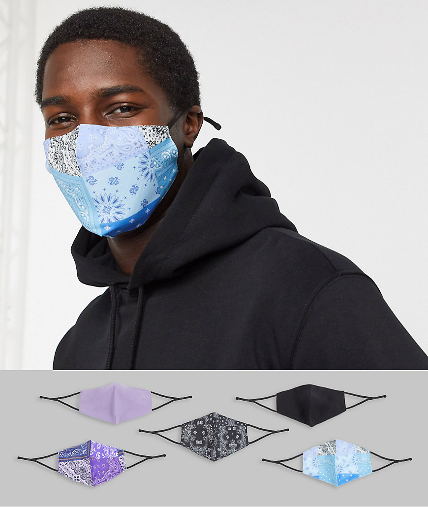 ASOS DESIGN – 5er-Pack Unisex-Gesichtsmasken mit verstellbaren Bändern und biegsamem Nasenstück in Bandana-Mustern-Mehrfarbig