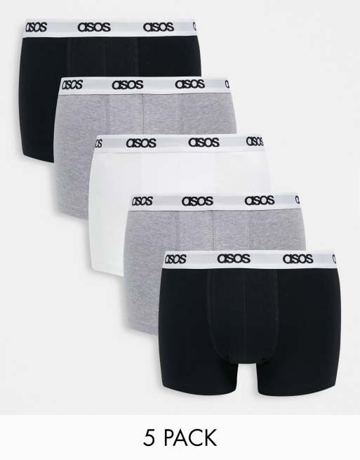 ASOS DESIGN – 5er-Pack Unterhosen mit Logobund in Schwarz/Grau/Weiß