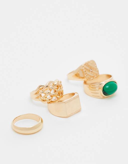 ASOS DESIGN – 5er-Pack verschiedene Siegelringe in Goldoptik mit Schmucksteinen