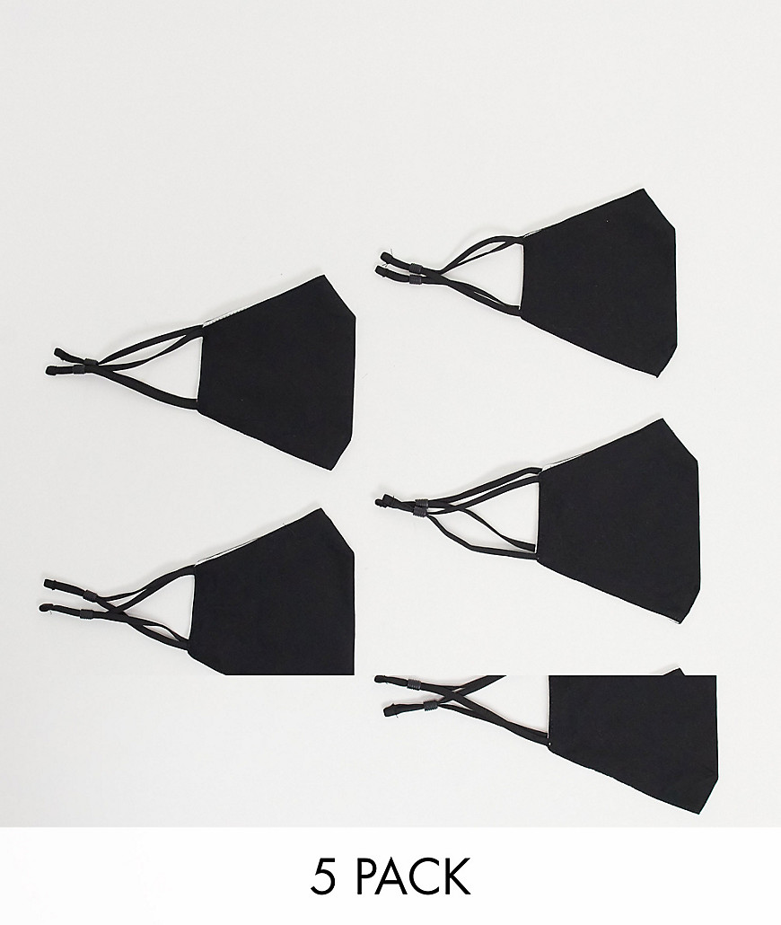 ASOS DESIGN – 5er-Pack Gesichtsmasken mit verstellbaren Bändern und biegsamem Nasenbügel in Schwarz