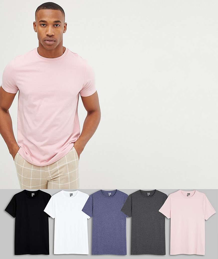 Asos Design – 5er Packung T-Shirts Aus Bio-Baumwolle Mit Rundhalsausschnitt - SPAREN MIT MULTIPACK!- Mehrfarbig S