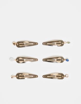 Asos Design 6-pack Hair Clips With Charms In Gold