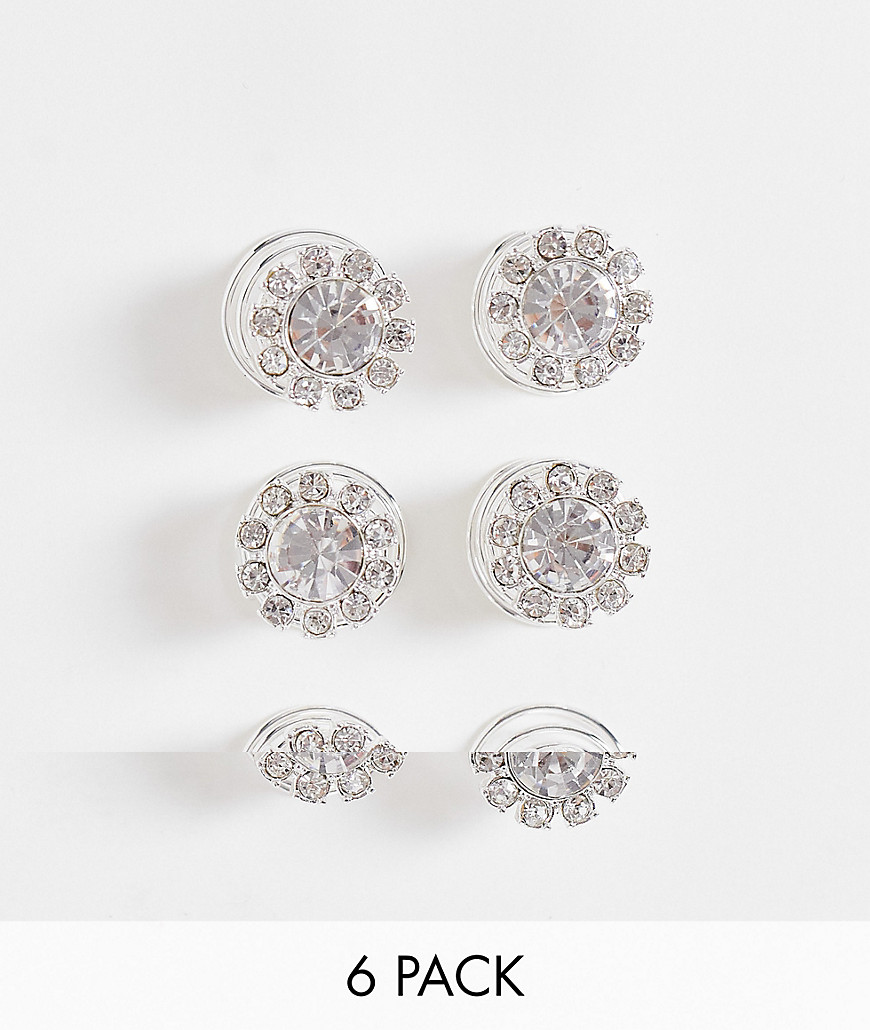 ASOS DESIGN 6-pack hair swirls in diamante-Silver