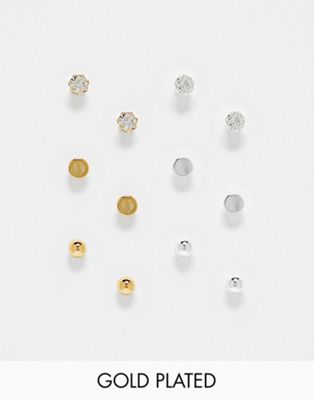 ASOS DESIGN 6 pack stud earrings set with crystals in silver and 14k gold plate