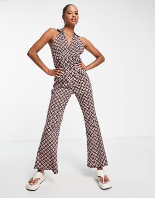 Asos Design Petite 60s Collar Jumpsuit With Belt In Geo Print-multi