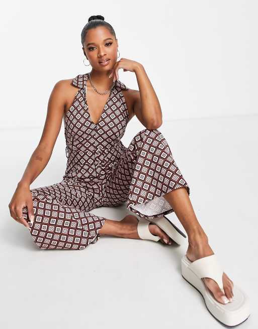 ASOS DESIGN 60s collared jumpsuit with belt in geo print