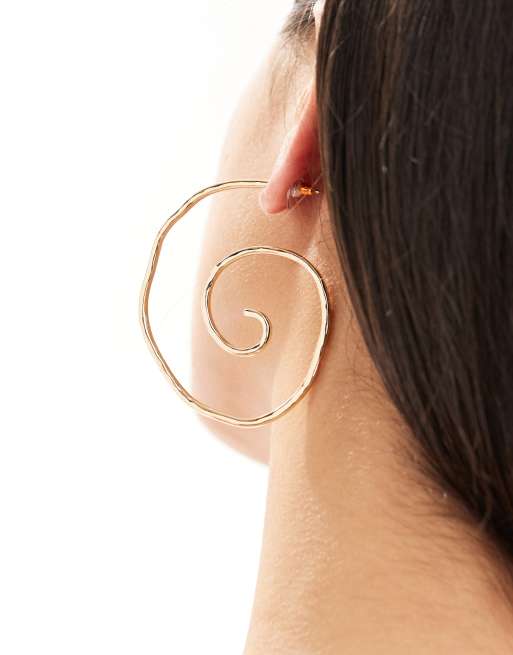 ASOS DESIGN 66mm hoop earrings with swirl design in gold tone, 4 of 4