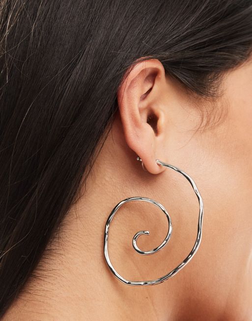 ASOS DESIGN 66mm hoop earrings with swirl design in silver tone