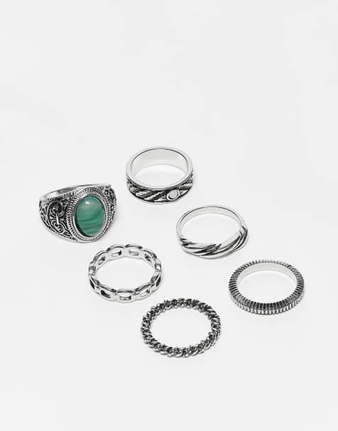 ASOS DESIGN – 6er-Pack silberfarbene Siegelringe mit Kettenglieder-Design und Jade-Schmuckstein - view 1