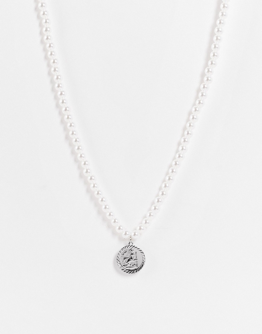ASOS DESIGN 6mm faux pearl neck chain with St Christopher pendant in silver-White