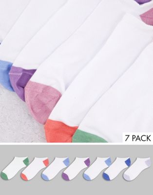 ASOS DESIGN 7 pack trainer socks in white with colour pop contrast