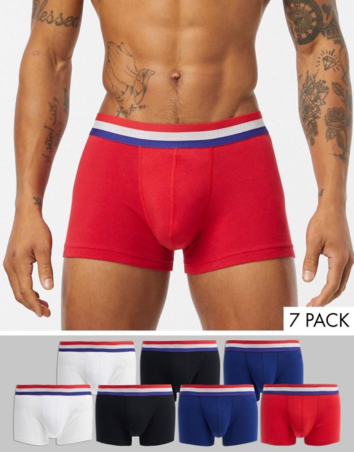 ASOS DESIGN 7 pack trunks in blue red and white with branded stripe waistband