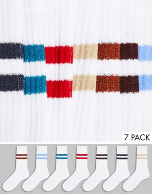 ASOS DESIGN 7 pack white sports socks with autumnal tone stripes