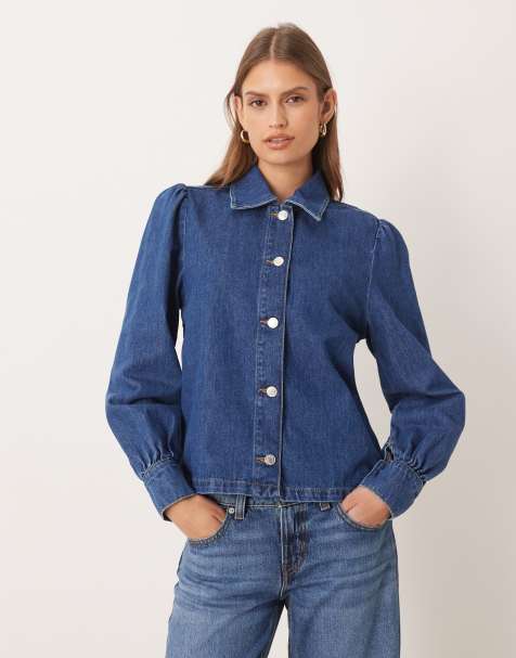 ASOS DESIGN – 70er-Jahre Oberteil aus Denim in Mittelblau mit Puffärmeln - view 1