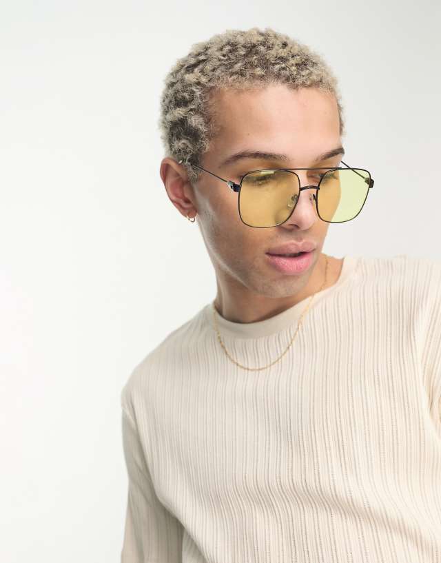 ASOS DESIGN - 70's aviator sunglasses in black metal with yellow lens