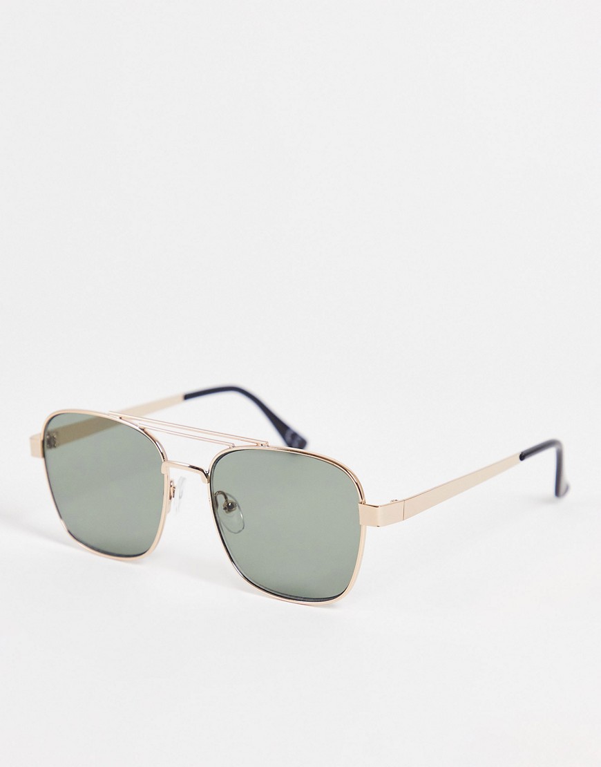 ASOS DESIGN 70s aviator sunglasses in gold metal with retro lens and brow bar detail
