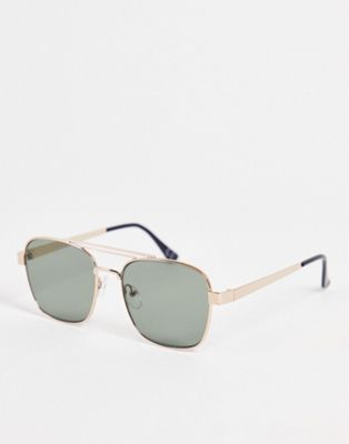 Asos Design 70s Aviator Sunglasses In Gold Metal With Retro Lens And Brow Bar Detail - Gold