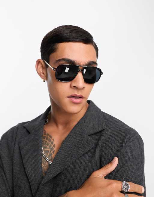 ASOS Textured Metal Aviator Sunglasses With Blue Graduated Lens in Black  for Men