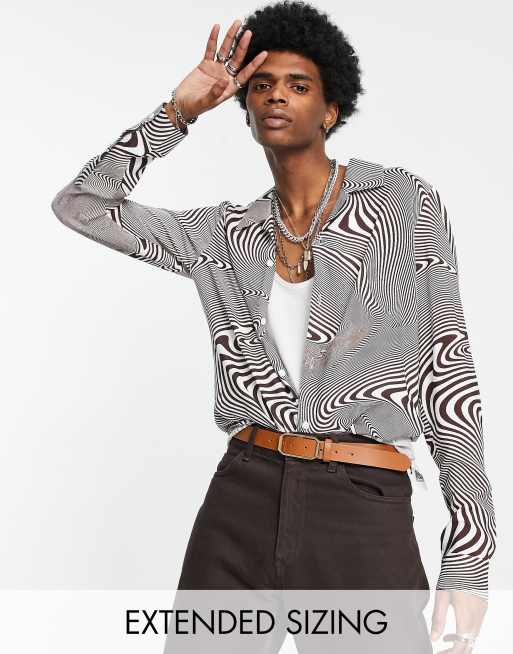 ASOS DESIGN 70s camp collar shirt in brown warped print