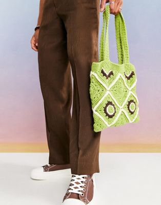 ASOS DESIGN 70's crochet tote bag in green and cream