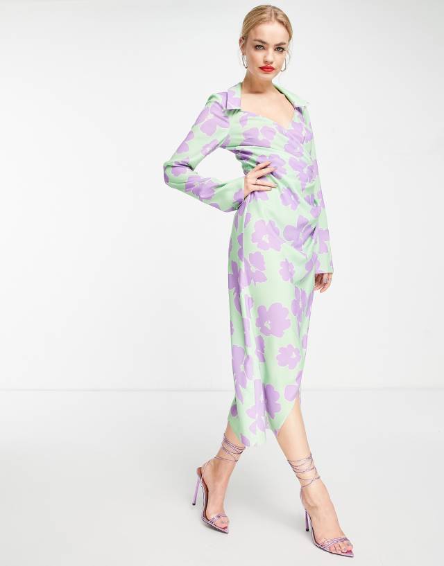 ASOS DESIGN 70s drape front wrap midi dress in green with lilac floral