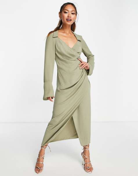 ASOS DESIGN - 70s midi jurk met gedrapeerd voorpand en overslag in kaki - view 1