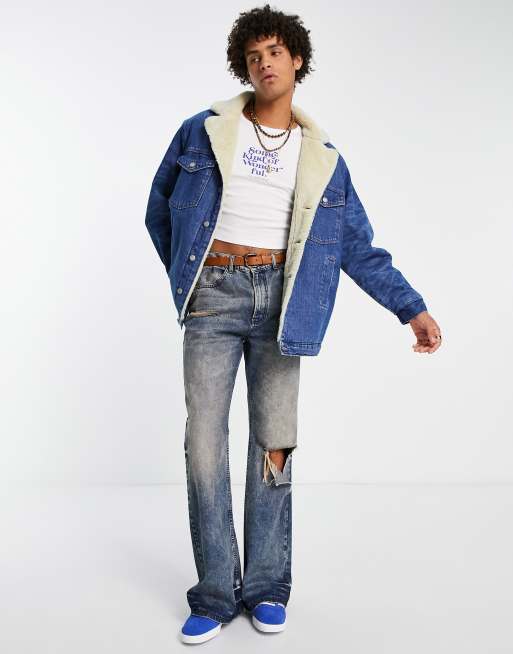 Aftensmad anekdote uddybe ASOS DESIGN 70s shawl denim jacket with borg lining in dark wash | ASOS