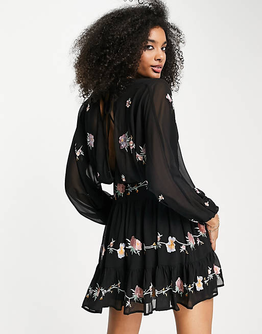 Dresses 70s tiered embroidered mini dress in black 
